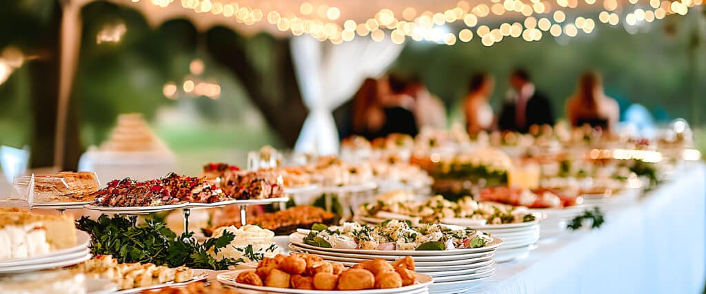 Long buffet de mariage sous une tente avec une grande variété de plats, desserts et gâteaux, éclairé par des guirlandes lumineuses au-dessus.